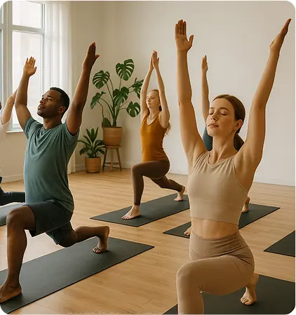 Group performing a breathing exercise with arms raised overhead
